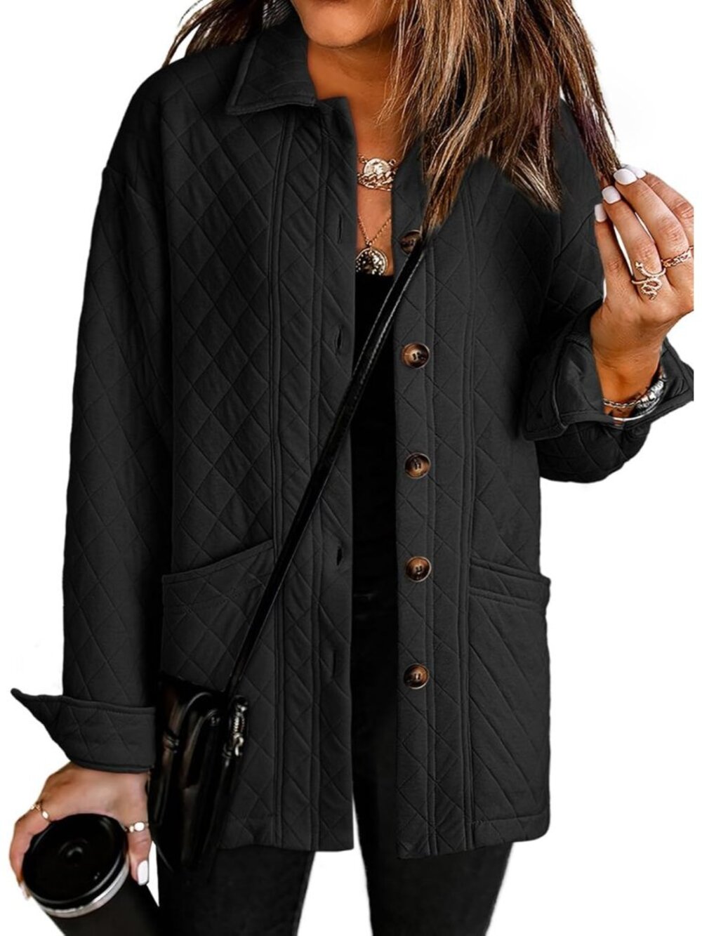〽️Women Black Quilted Casual Lightweight Button Down Collared Pocket Sleeve Coat
